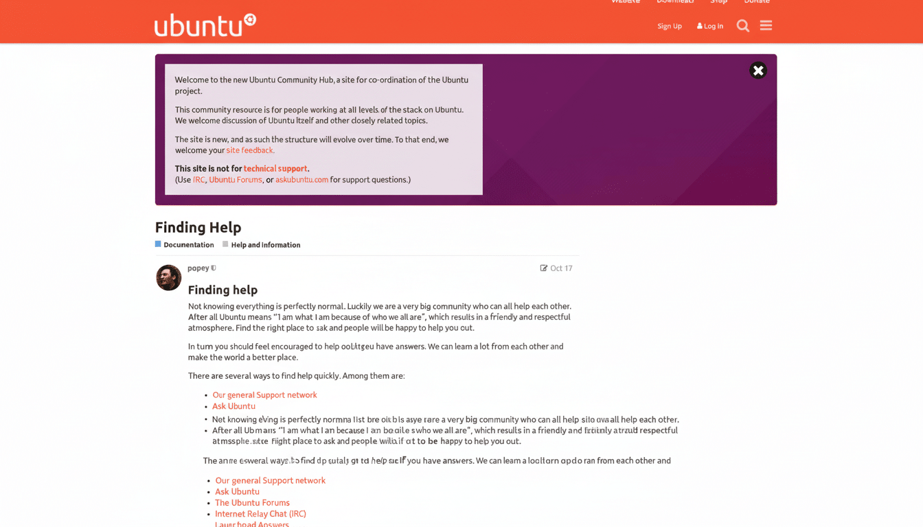 Screenshot of the Ubuntu community help page, resized to a 16: 9 aspect ratio, maintaining the original background and content.