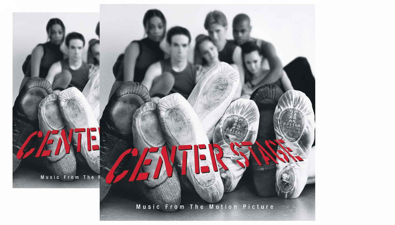 The Center Stage album cover, showing a group of diverse dancers in the background, out of focus, with a pile of well -worn ballet and jazz shoes in the foreground . The title CENTER STAGE is prominently displayed in red, stylized text across the shoes , with MUSIC FROM THE MOTION PICTURE in smaller text below it .