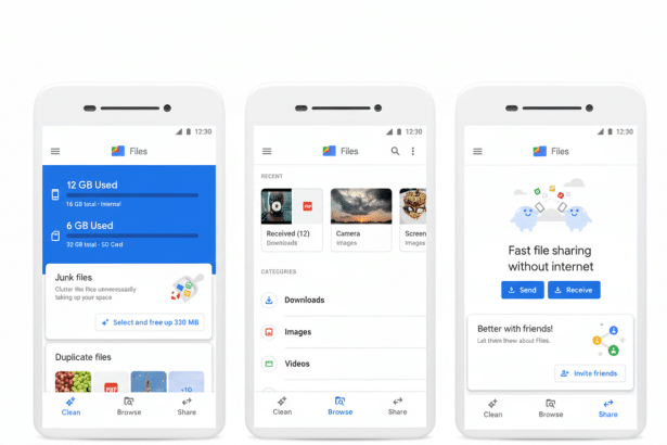 A professional presentation of three mobile phone screens displaying the Google Files app interface. The left screen shows storage usage and junk file