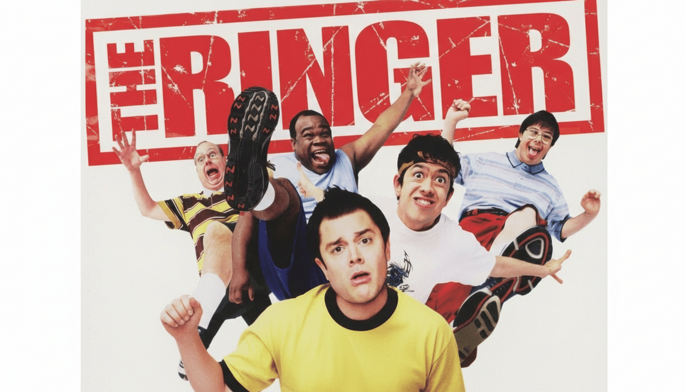 A promotional image for the movie The Ringer featuring five men making expressive and comedic faces, with the film 's title in red block letters at the top.