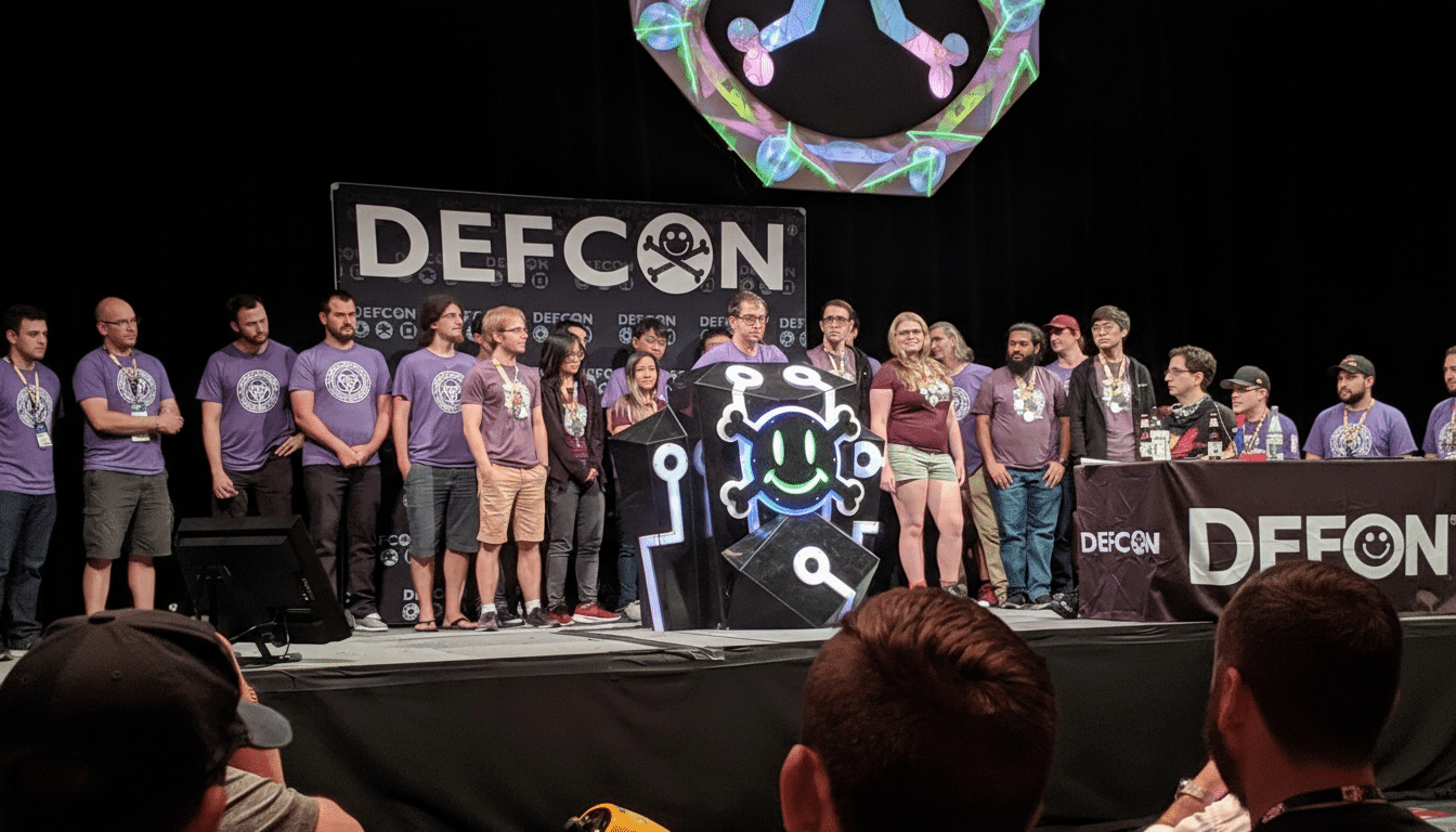 A group of people stand on a stage with a DEFCON banner in the background. A podium with a skull and crossbones logo is in the center .