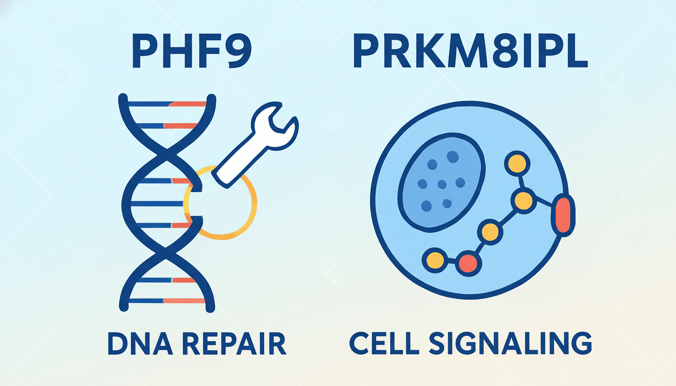 An image showing two scientific concepts : on the left, PHF9 DNA REPAIR with an icon of a DNA double helix being repaired by a wrench, and on the right , PRKM 8IPL CELL SIGNAL ING with an icon of a cell illustrating signaling pathways. The background is a professional flat design with subtle geometric patterns and a soft blue - to-white gradient. Filename : dnarepair cellsign aling1 6 9. png