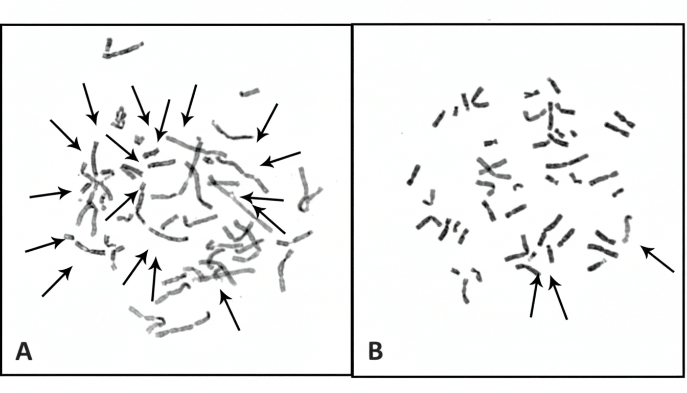 A split image showing two sets of chromosomes, labeled A and B. Image A displays numerous fragmented chromosomes with many arrows pointing to various pieces , suggesting anomalies or damage . Image B shows a more organized set of chromosomes with fewer fragments and fewer arrows pointing to specific , possibly unusual , chromosomes.