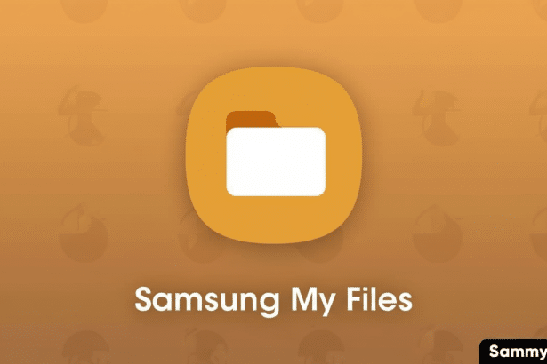 The Samsung My Files app icon displayed on an orange background with a subtle, flat design pattern, resized to a 1 6: 9 aspect ratio.