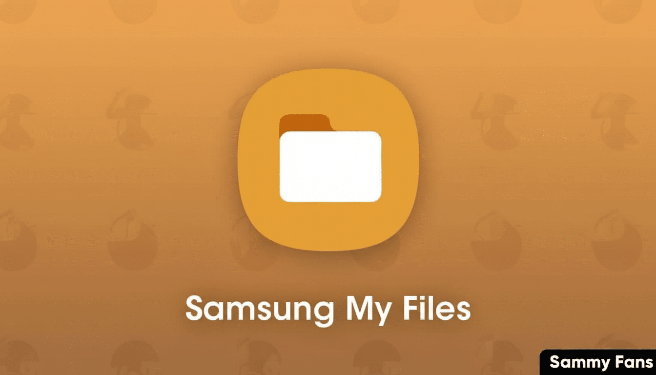 The Samsung My Files app icon displayed on an orange background with a subtle, flat design pattern, resized to a 1 6: 9 aspect ratio.