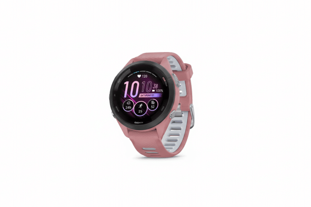 A Garmin smart watch with a pink band and a digital display showing health metrics. Filename : garmin smartwatch pink. png