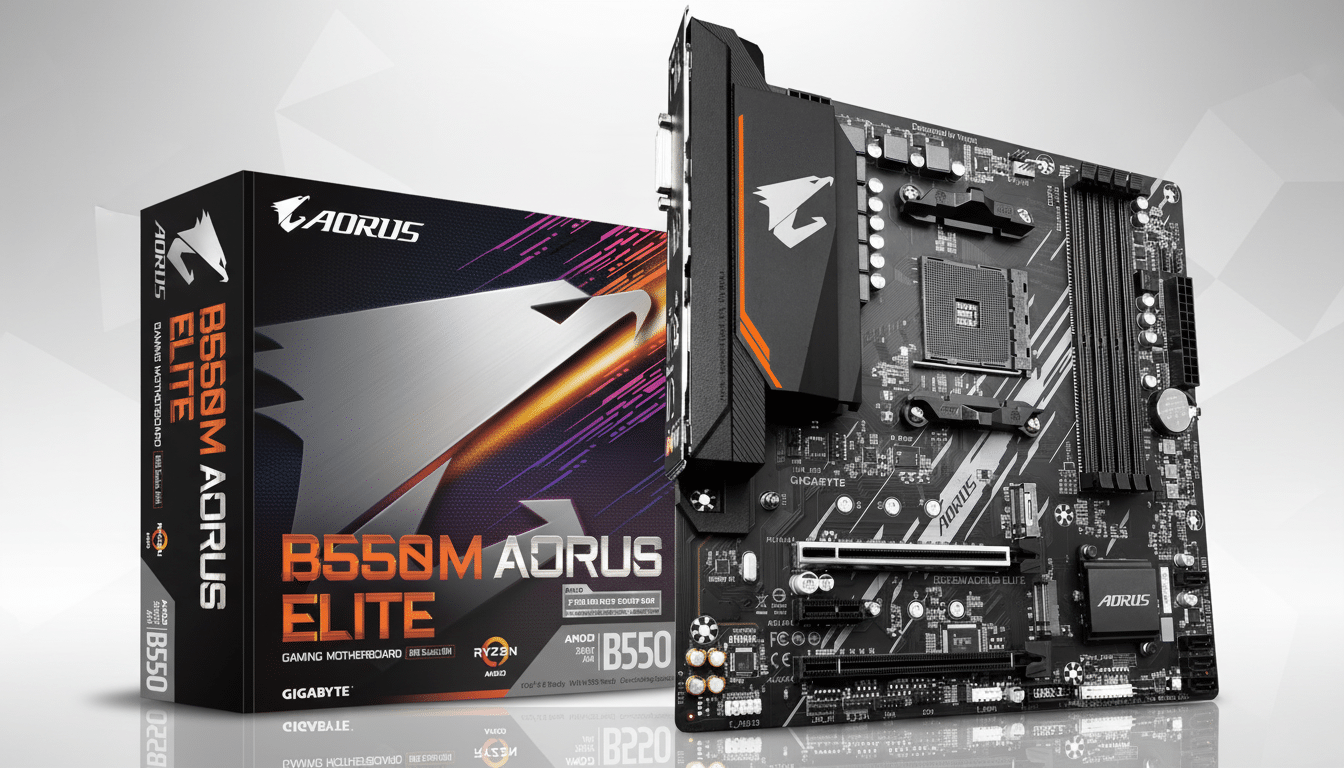 A Gig abyte B55 0M AORUS Elite motherboard and its product box, presented with a clean, professional flat design background.