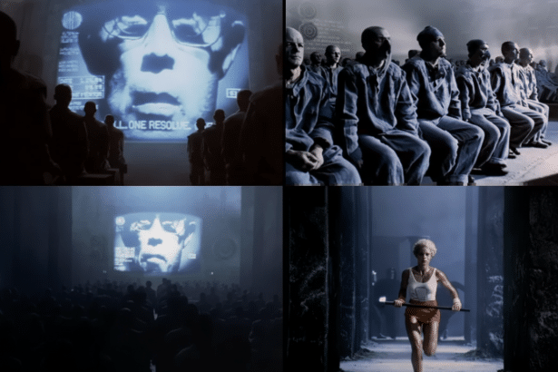 A 16:9 aspect ratio image maintaining the original background with scenes from a dystopian setting , featuring a large screen with a commanding face, rows of seated individuals , and a woman running.