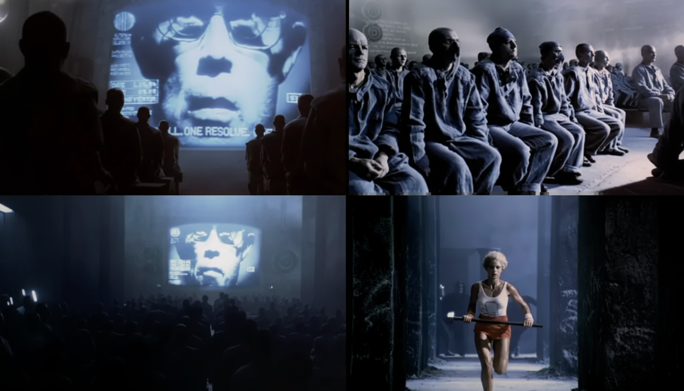 A 16:9 aspect ratio image maintaining the original background with scenes from a dystopian setting , featuring a large screen with a commanding face, rows of seated individuals , and a woman running.
