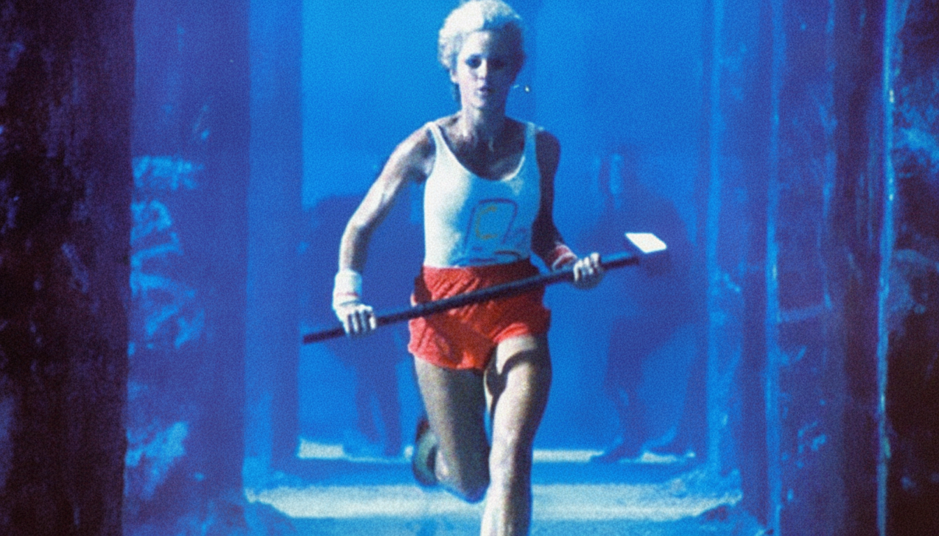 A woman with blonde hair, wearing a white tank top and red shorts, running with a large hammer in a blue - lit, smoky corridor. Filename : running womanhammer . png