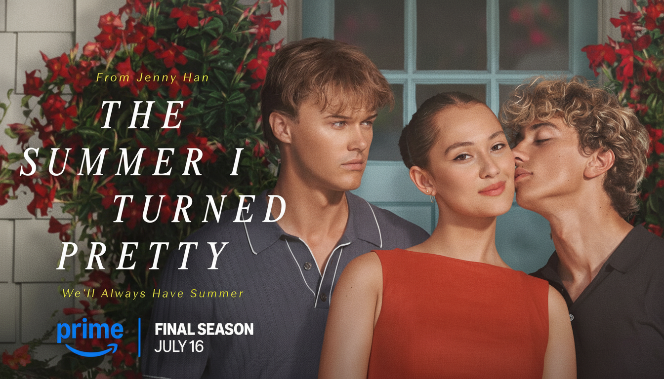 Promotional poster for  The Summer I Turned Pretty featuring three young adults , a woman in the center in a red top, a man to her left looking serious, and a man to her right leaning in to kiss her cheek. The background shows lush red flowers and a house. Text on the poster reads  From Jenny Han, THE SUMMER I TURN ED PRETTY, We'll Always Have Summer, prime, FINAL SEASON JULY 16 .