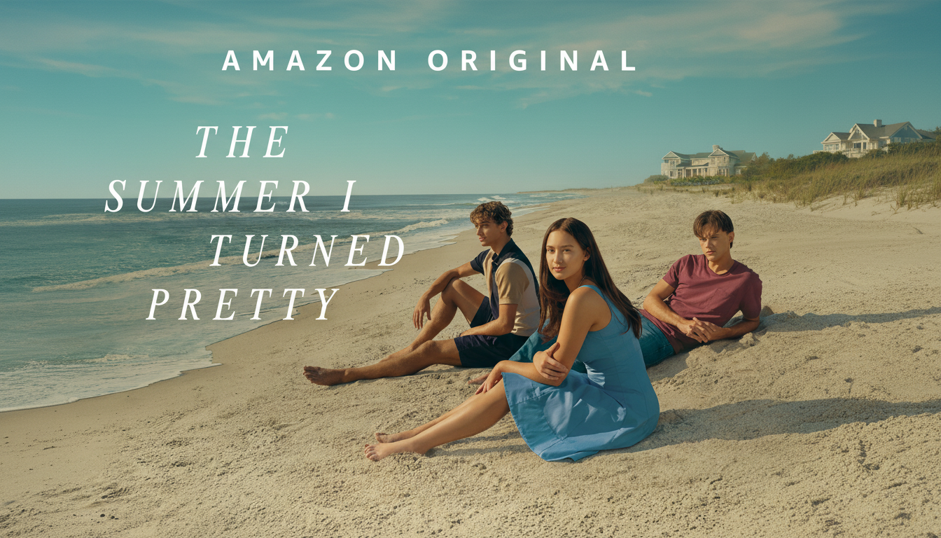 Promotional image for The Summer I Turned Pretty showing three young people sitting on a sandy beach by the ocean with houses in the background . The text AMAZON ORIGINAL THE SUMMER I TURN ED PRETTY is overlaid.