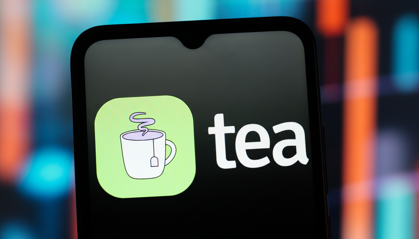 A close-up of a smartphone screen displaying the tea app logo, featuring a light green square icon with a white teacup and steam, next to the word tea in white text on a black background. The phone is held against a blurred background of colorful lights.