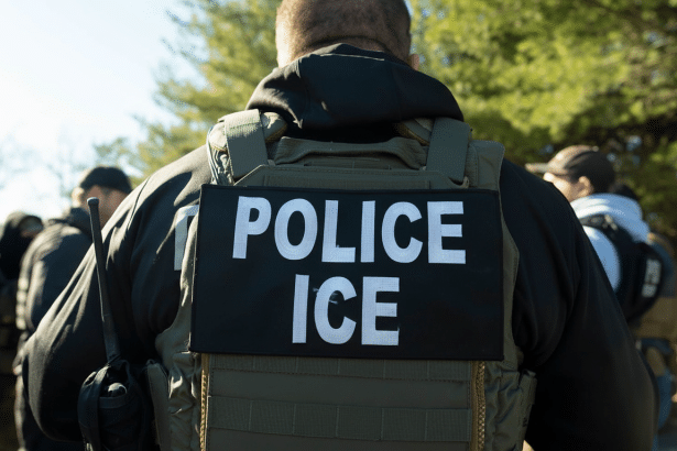The back of a person wearing a tactical vest with POL ICE ICE written on it , facing away from the camera with other people in the background.