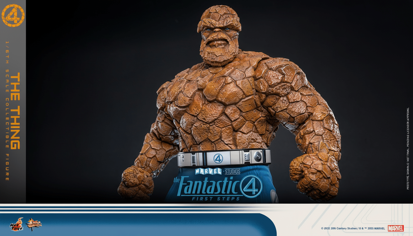 Alter Text: The Thing collectible figure with a rock -like body and blue shorts, standing against a