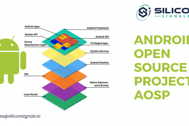 Diagram illustrating the layered architecture of the Android Open Source Project ( AOSP), with an Android robot icon on the left and the Silicon Signals logo on top right .