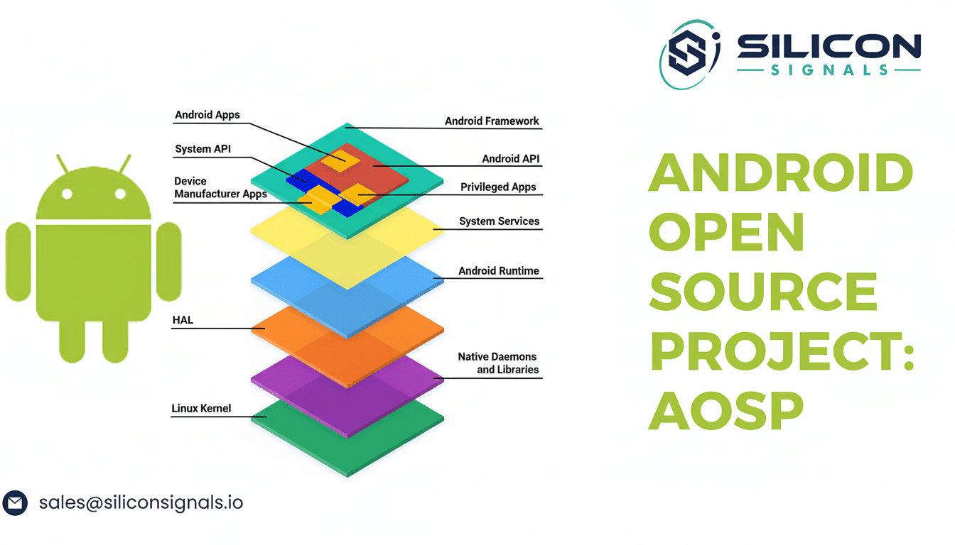 Diagram illustrating the layered architecture of the Android Open Source Project ( AOSP), with an Android robot icon on the left and the Silicon Signals logo on top right .