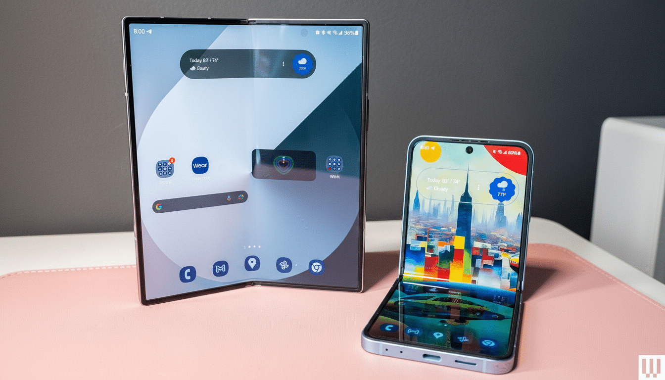 Two Samsung foldable phones, one large and one small, are displayed on a table. The larger phone is unfolded, showing its expansive screen, while the