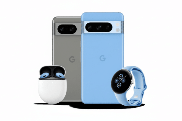A professional arrangement of Google Pixel products , including two Pixel smartphones (one gray, one light blue), a pair of white Pixel Buds, and a light blue Pixel Watch, all set against a clean white background.