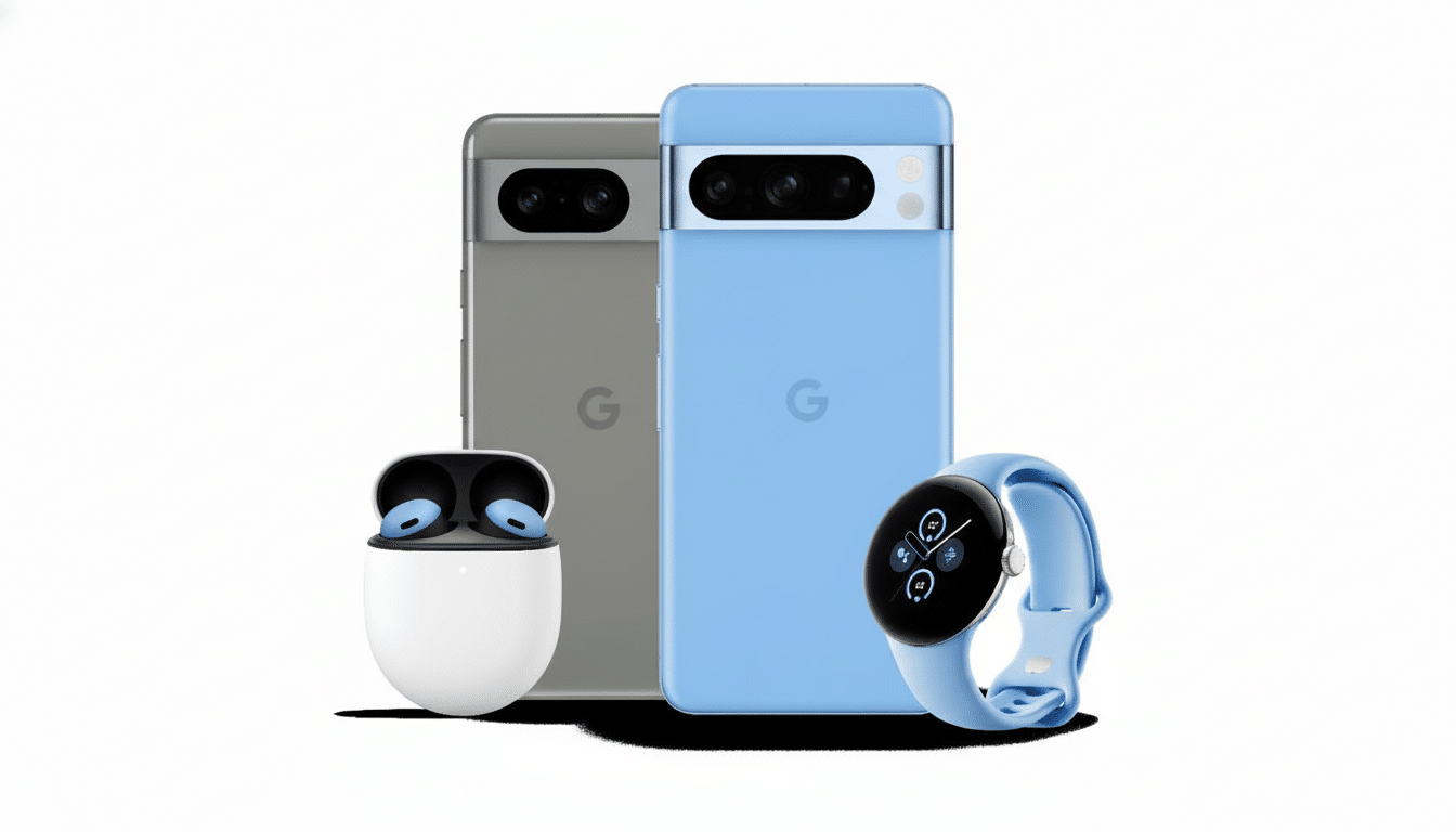 A professional arrangement of Google Pixel products , including two Pixel smartphones (one gray, one light blue), a pair of white Pixel Buds, and a light blue Pixel Watch, all set against a clean white background.