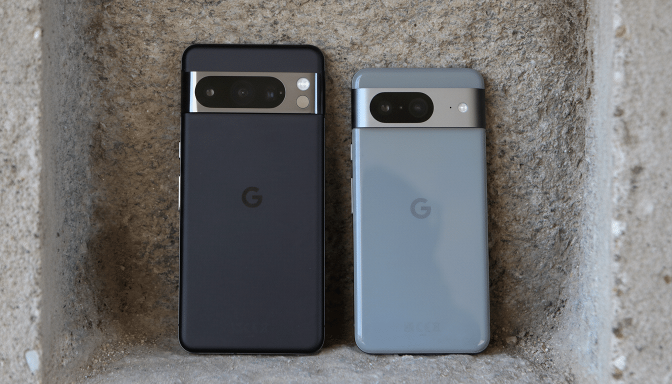 A dark gray Google Pixel 7 and a light gray Google Pixel 7 Pro smartphone are shown side- by-side on a textured stone surface .