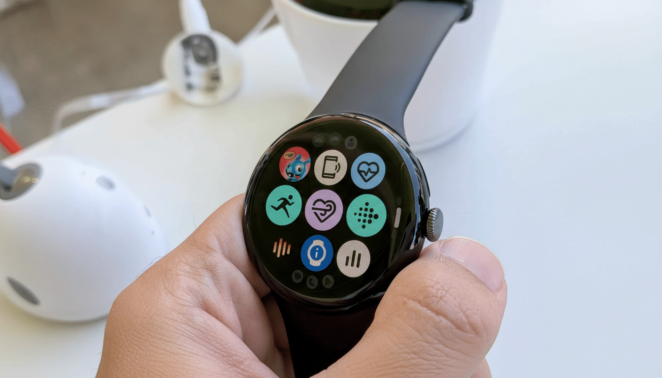 A close -up shot of a Google Pixel Watch being held, displaying various colorful app icons on its circular screen, with a blurry background showing parts of a white mouse , earbuds , and a plant pot .