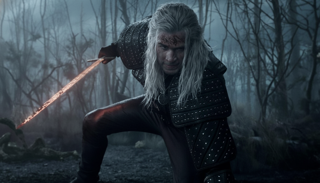 Geralt of Rivia in a fighting stance, holding a glowing sword in a misty forest.