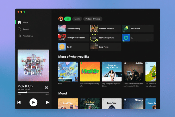 A professional , enhanced image of the Spotify desktop application interface displaying various music recommendations and user library options on a soft blue and purple gradient background, resized to a 16: 9 aspect ratio.