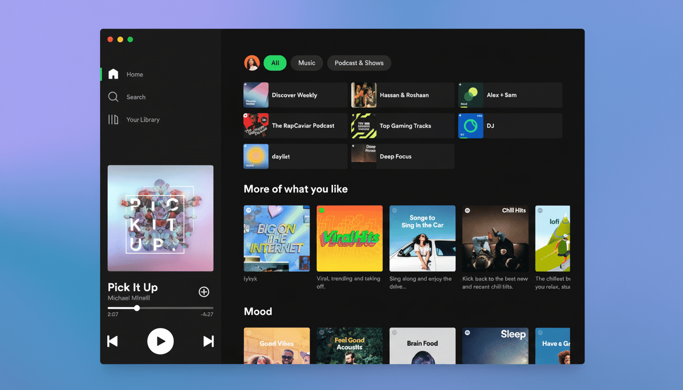A professional , enhanced image of the Spotify desktop application interface displaying various music recommendations and user library options on a soft blue and purple gradient background, resized to a 16: 9 aspect ratio.
