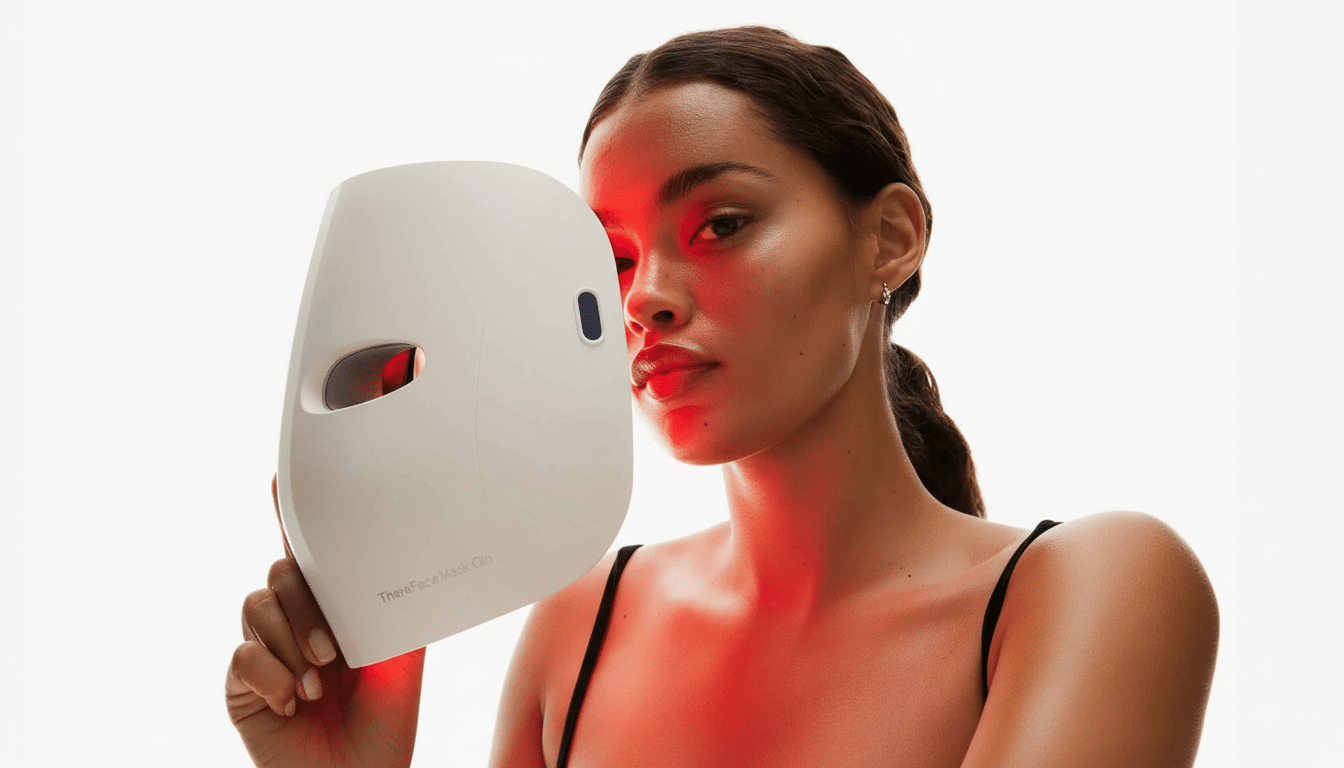A woman holding a white facial mask device with red light glowing from it , against a white background.