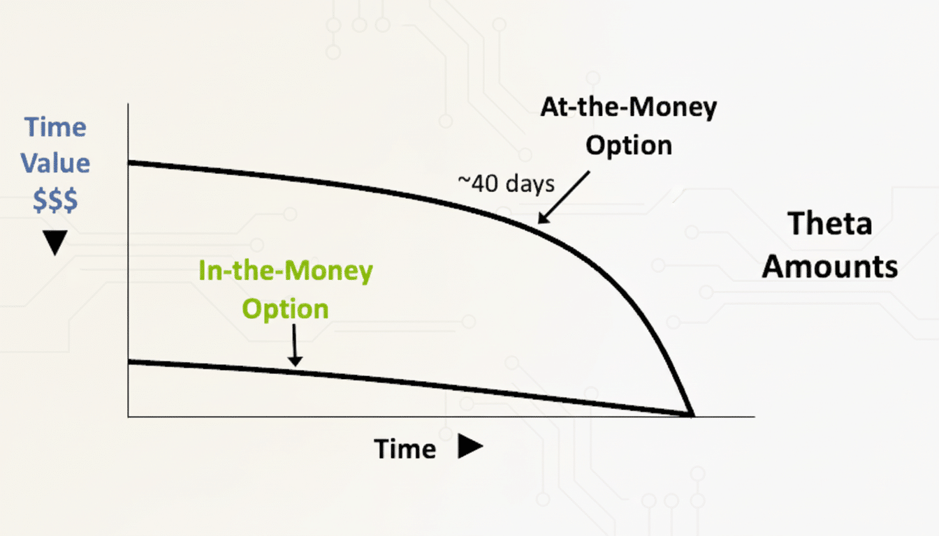 A professional graph illustrating time value vs. time for at-the -money and in -the-money options, with a subtle circuit board pattern in the background. Filename : thetaamounts graph.png