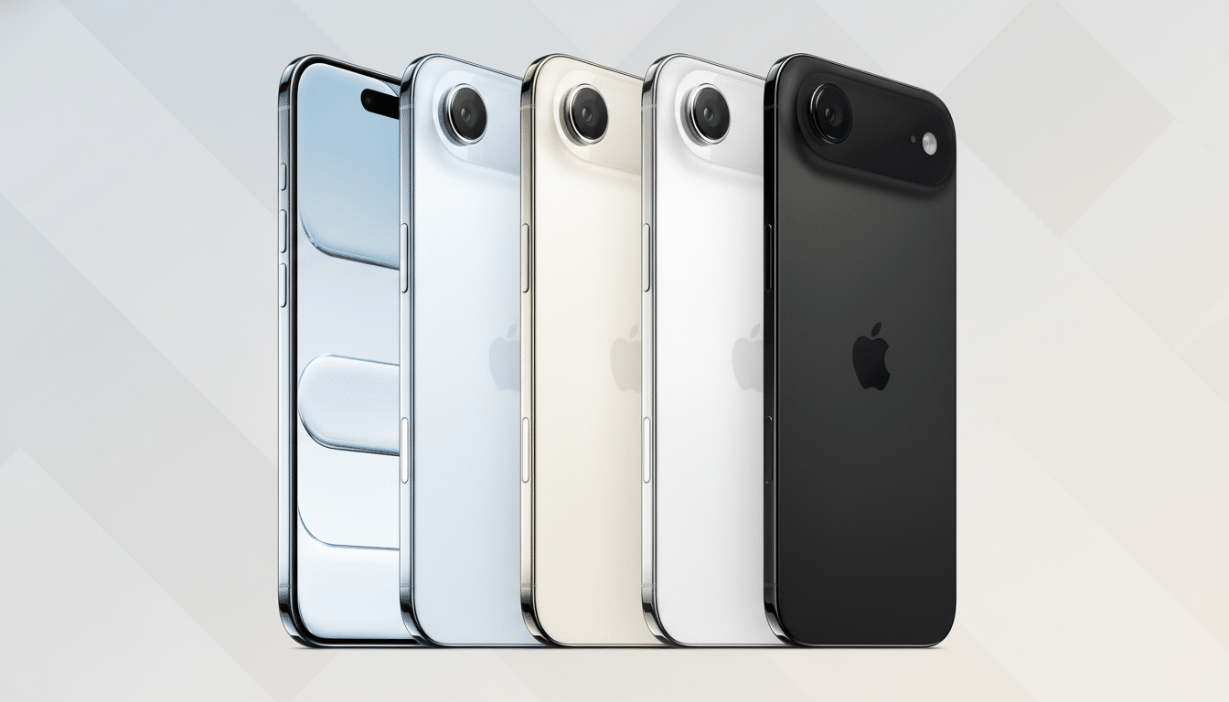 alt text=Five smartphones in different colors ( blue, silver, gold, white, and black) are display