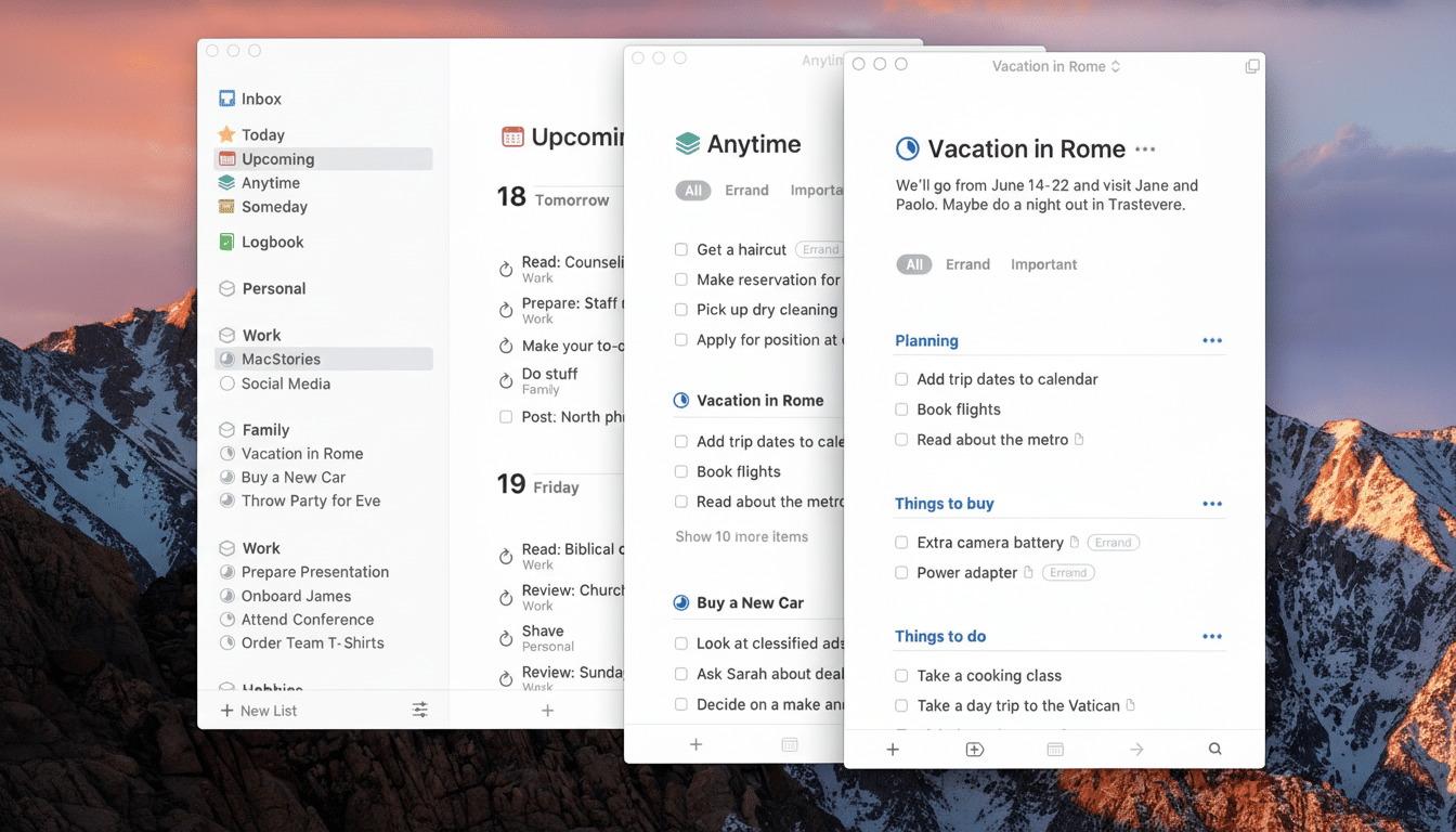 Screenshot of the  Things  app on macOS , showing task lists and calendar entries with a blurred mountain background, resized to 1 6:9 aspect ratio. Filename : things appscreenshot 16 9.png
