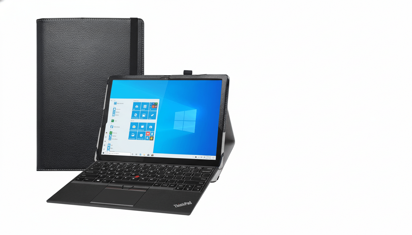 A black Lenovo Think Pad laptop with its screen displaying the Windows 10 desktop , positioned next to a closed black leather-textured tablet case .