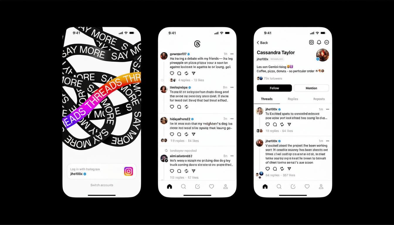 A 16: 9 aspect ratio image of three iPhone screens displaying the Threads app. The first screen shows a login page with S AY MORE TH READS THR text in