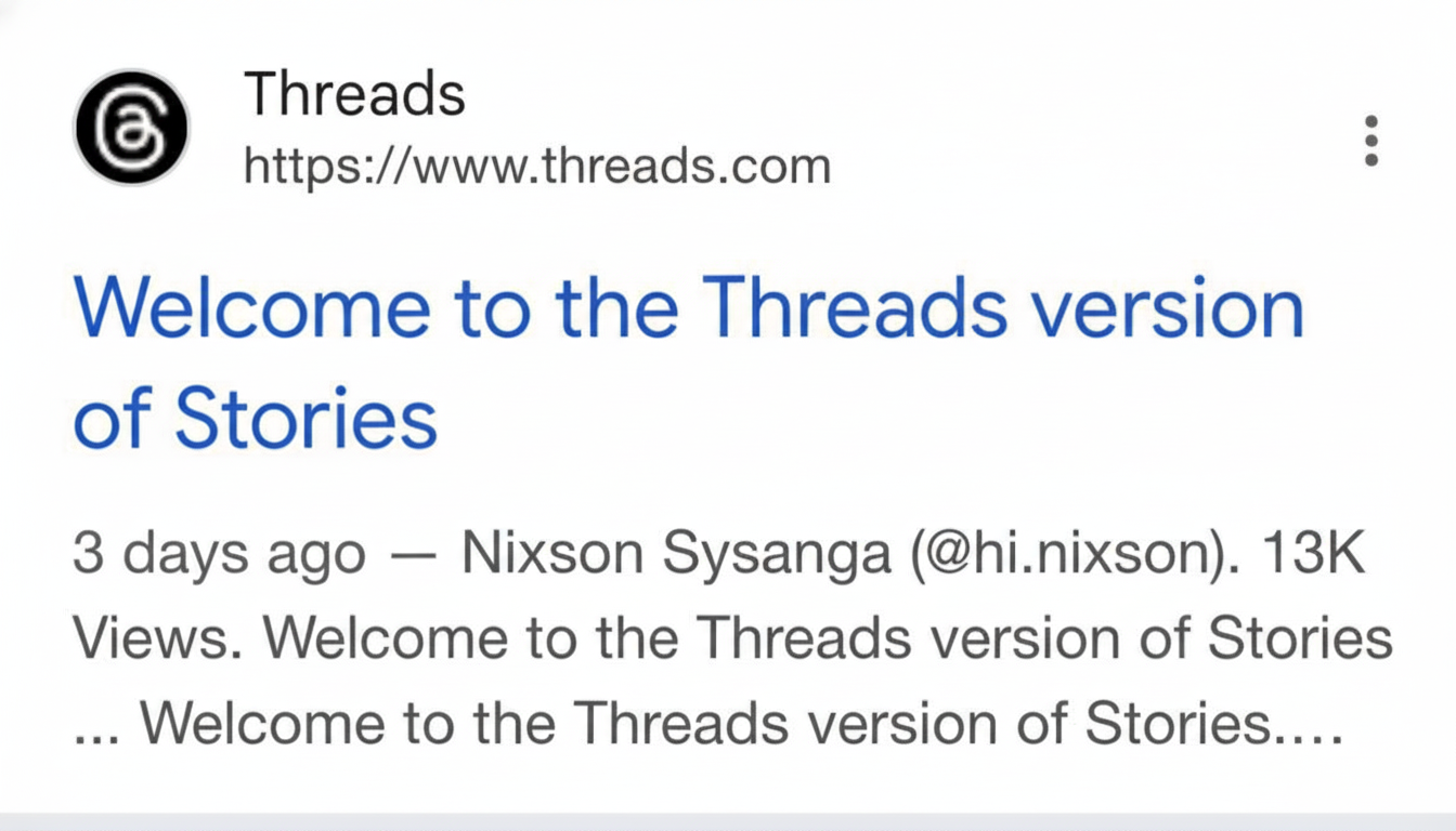 A screenshot of a Threads post titled Welcome to the Threads version of Stories with the Threads logo and URL.