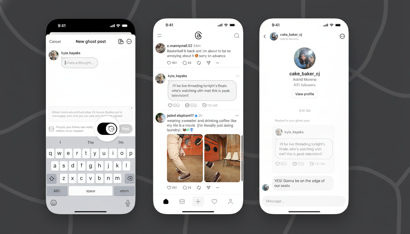 Three smartphone screens displaying a social media application, with the left screen showing a New ghost post interface, the middle screen showing a feed with various posts, and the right screen showing a profile and a reply to a ghost post. The background is a professional flat design with soft patterns.
