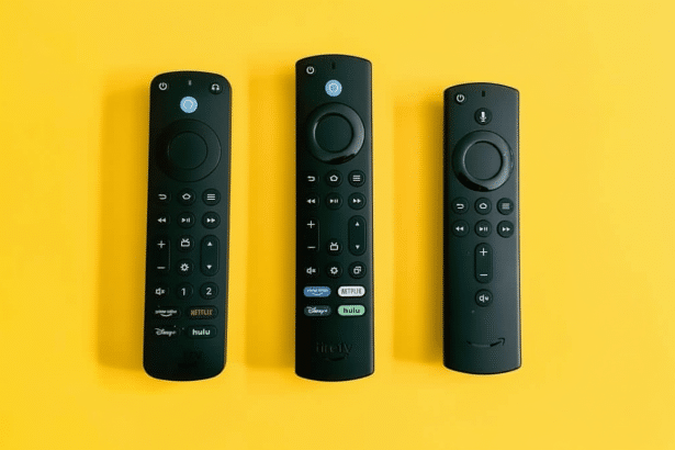 Three black streaming device remotes are neatly arranged side -by-side on a vibrant yellow background, showcasing their buttons and brand logos. Filename : three black rem otesyellow background.png