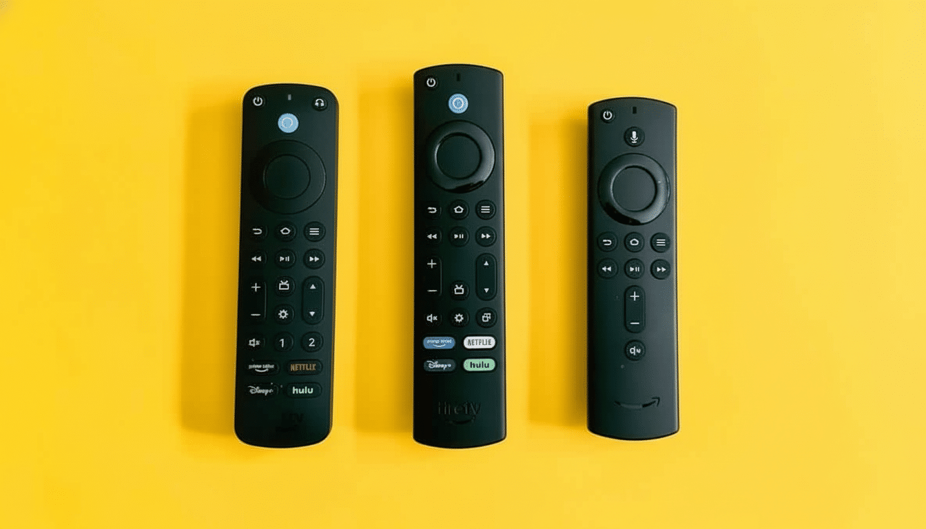 Three black streaming device remotes are neatly arranged side -by-side on a vibrant yellow background, showcasing their buttons and brand logos. Filename : three black rem otesyellow background.png