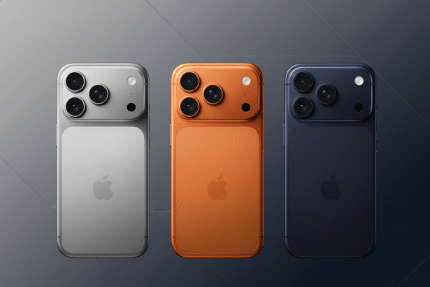 Three iPhones in silver, orange, and blue, displayed on a professional flat design background with soft patterns and a gradient.