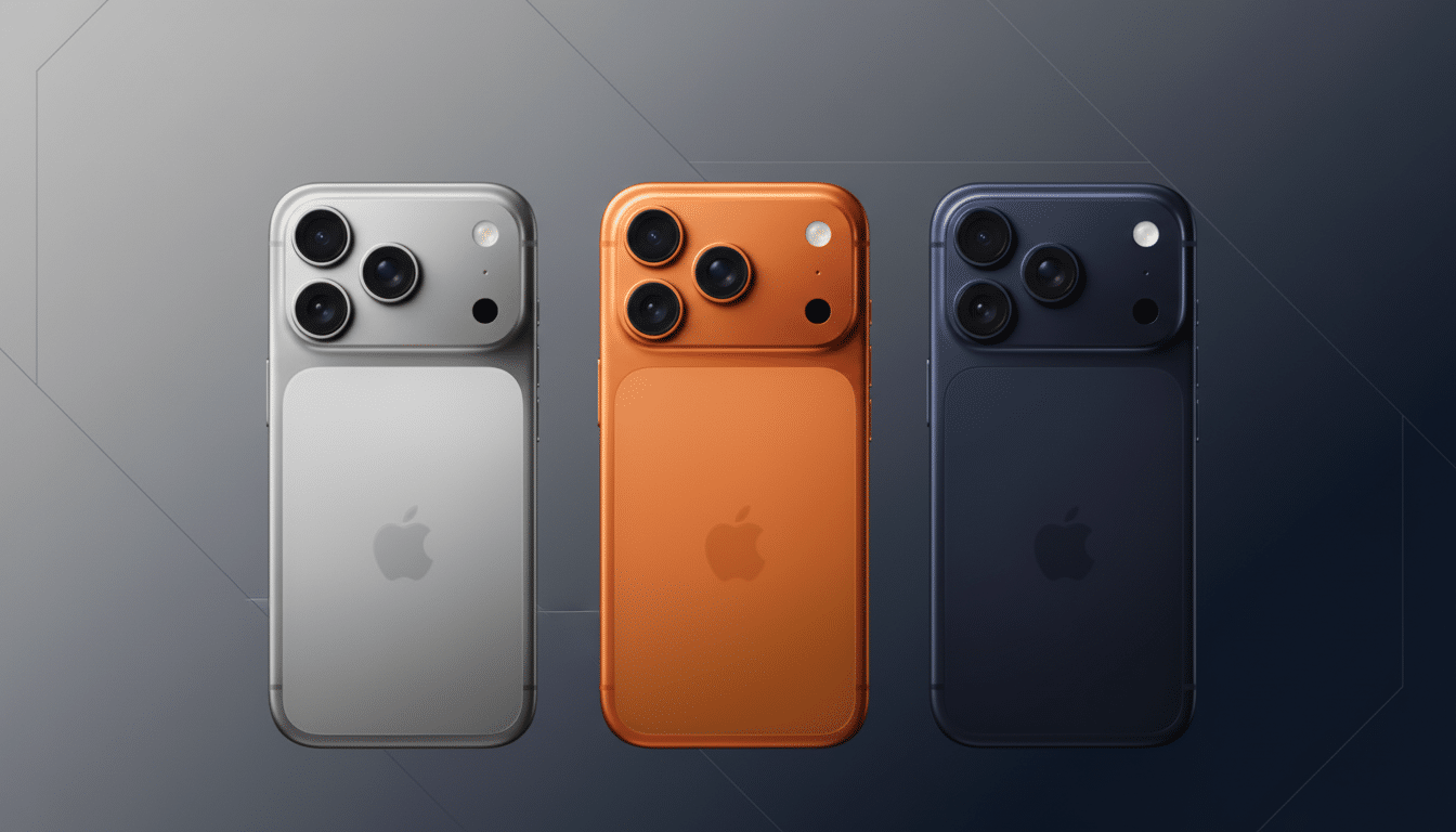 Three iPhones in silver, orange, and blue, displayed on a professional flat design background with soft patterns and a gradient.