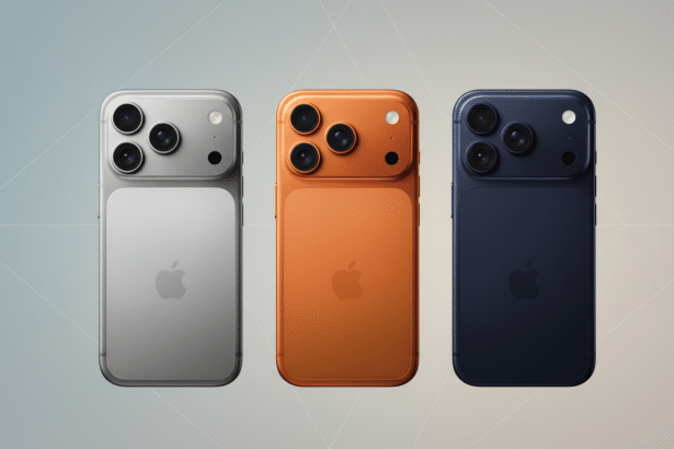 Three iPhones , silver , orange, and blue, are shown from the back on a professional flat gray background with subtle geometric patterns. Filename : threeiph onesprofessional background.png