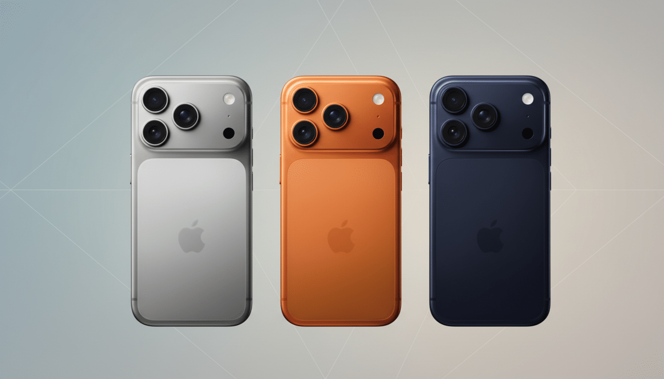 Three iPhones , silver , orange, and blue, are shown from the back on a professional flat gray background with subtle geometric patterns. Filename : threeiph onesprofessional background.png
