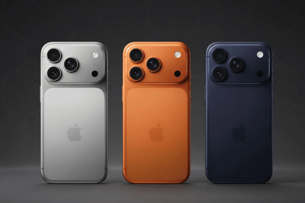 Three smartphones, silver, orange, and blue, are displayed vertically on a professional dark background with subtle geometric patterns and soft lighti