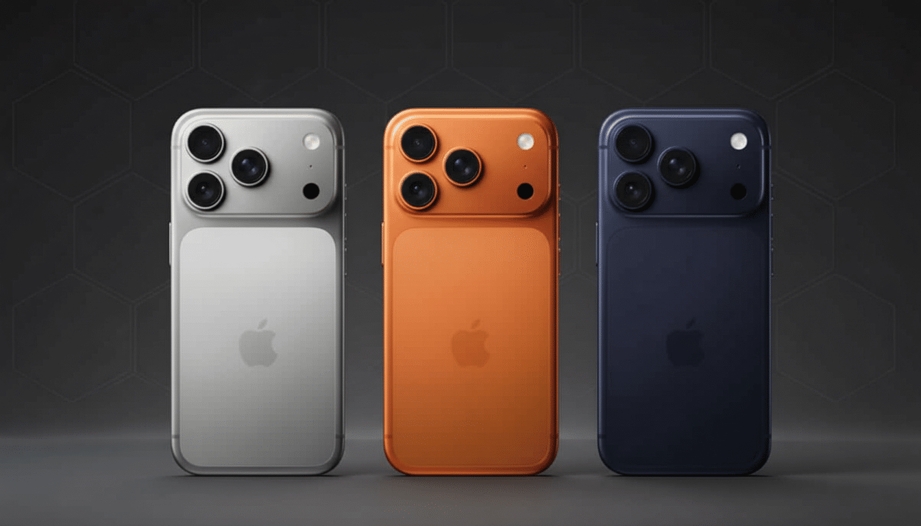Three smartphones, silver, orange, and blue, are displayed vertically on a professional dark background with subtle geometric patterns and soft lighti
