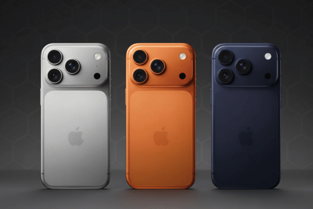 Three smartphones, silver, orange, and blue, are displayed on a dark grey background with a subtle hexagonal pattern.