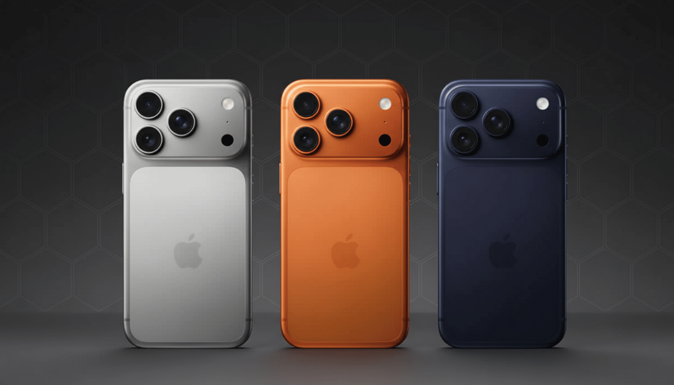 Three smartphones, silver, orange, and blue, are displayed on a dark grey background with a subtle hexagonal pattern.