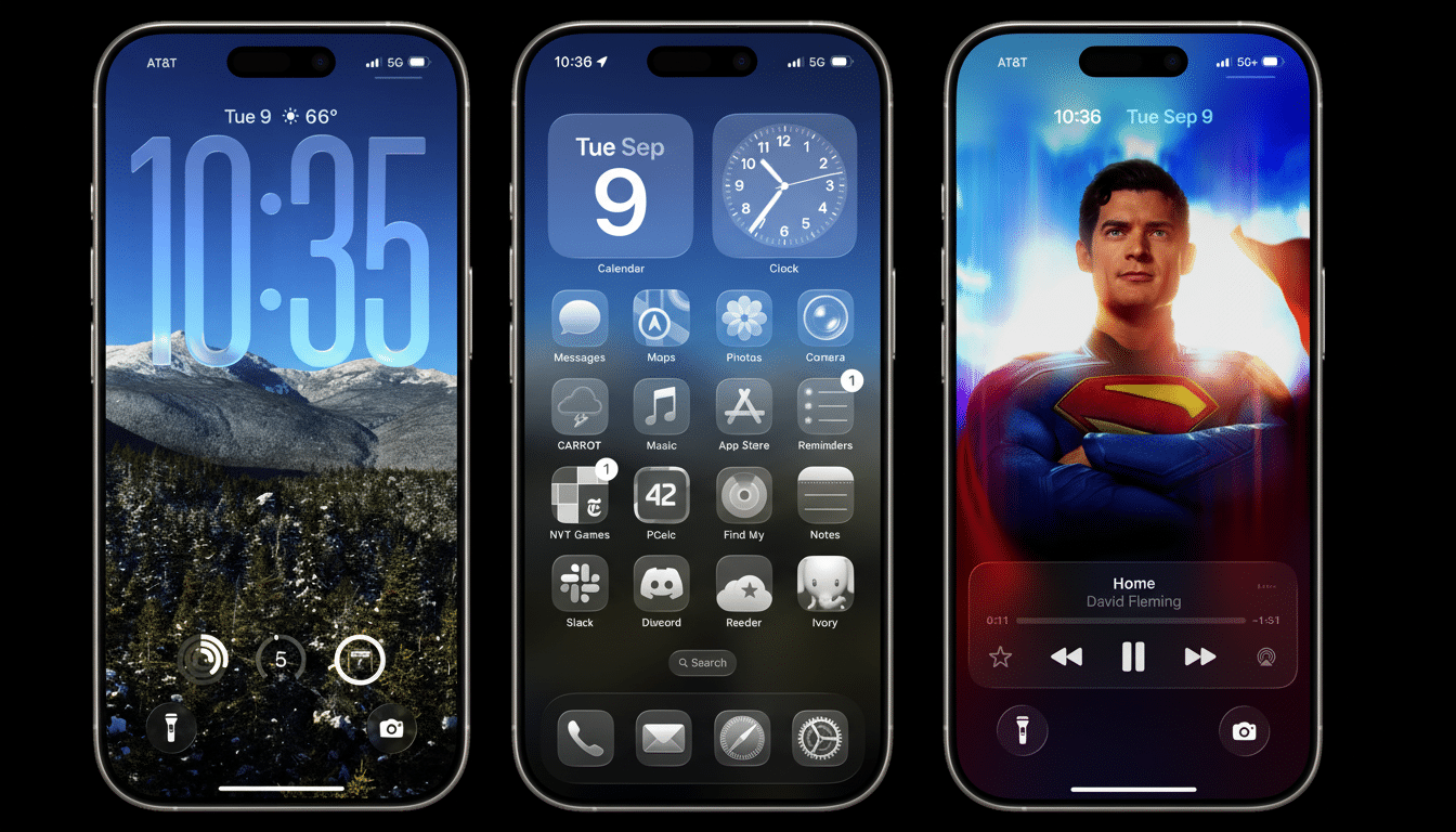 Three iPhones displayed vertically , showcasing different screen interfaces . The left phone displays a lock screen with a mountainous landscape background . The middle phone shows a home screen with various app icons. The right phone features Superman as the wallpaper with a music player interface at the bottom.