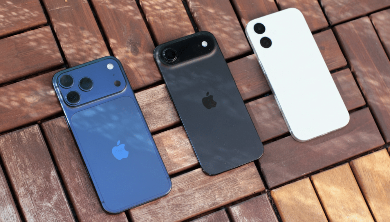 Three Apple iPhones , one blue, one black, and one white, are displayed on a wooden surface , resized to a 16: 9 aspect ratio.