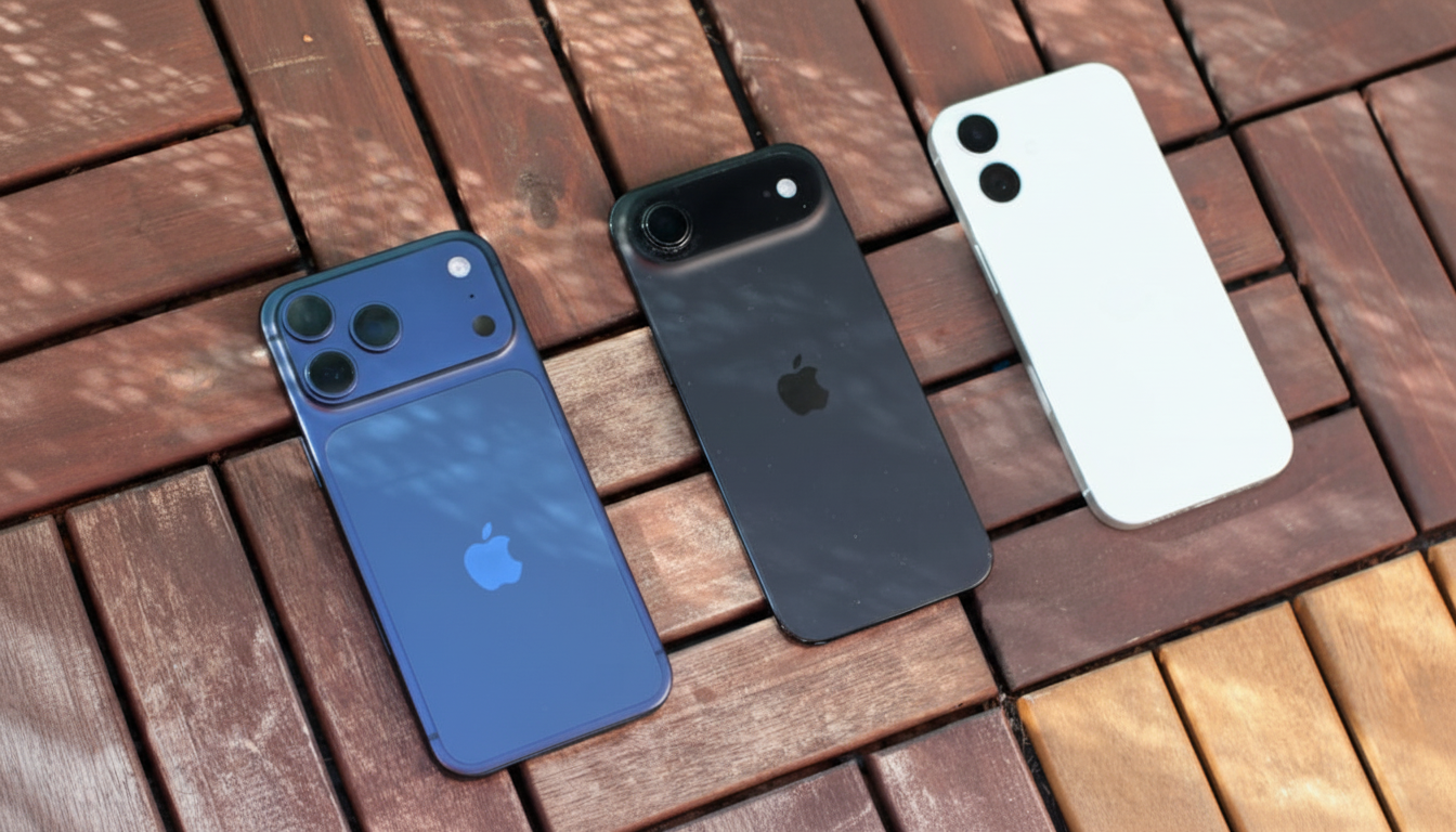 Three iPhones, one blue, one black, and one white, laid on a wooden table , resized to a 1 6:9 aspect ratio while preserving the original background .
